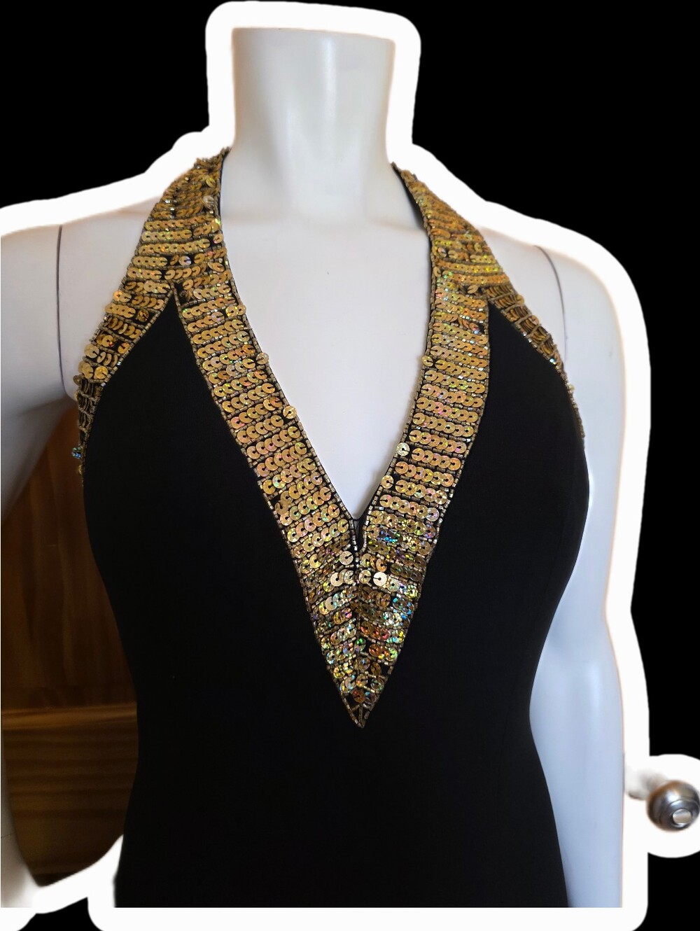 Mystique Boutique Black Maxi Halter Dress with Gold Sequin V-Neck - Picture 2 of 3